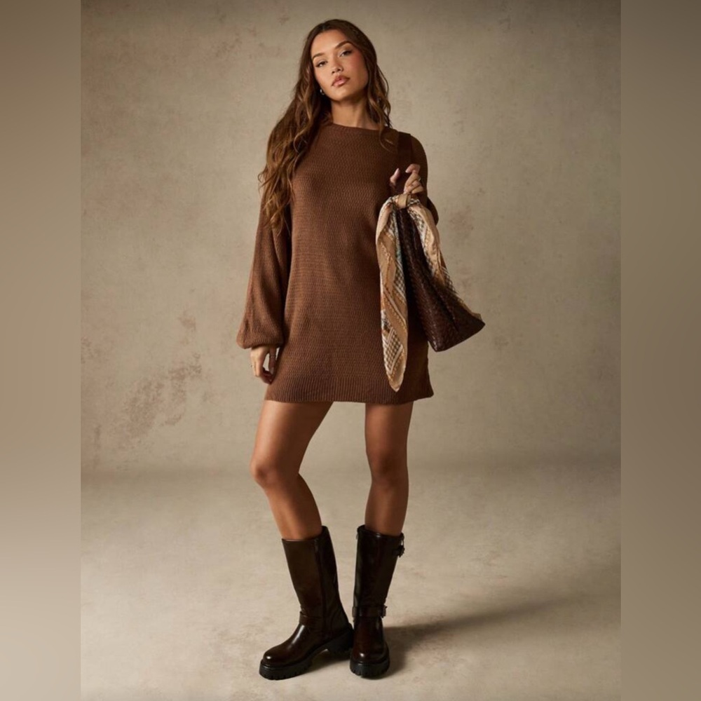 Missguided Oversized Ribbed Knit Brown Sweater Dress - Picture 3 of 4